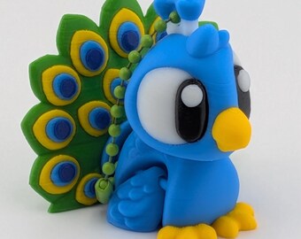Porte-clés Paon imprimé en 3D : breloque oiseau chibi pour sac, figurine animale en plastique PLA