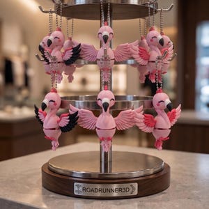 May include: A two-tiered metal display stand holding multiple pink flamingo keychains with outstretched wings, black-tipped feathers, and closed eyes. The base features a silver plaque with the text ROADRUNNER3D and a small 3D printer icon.