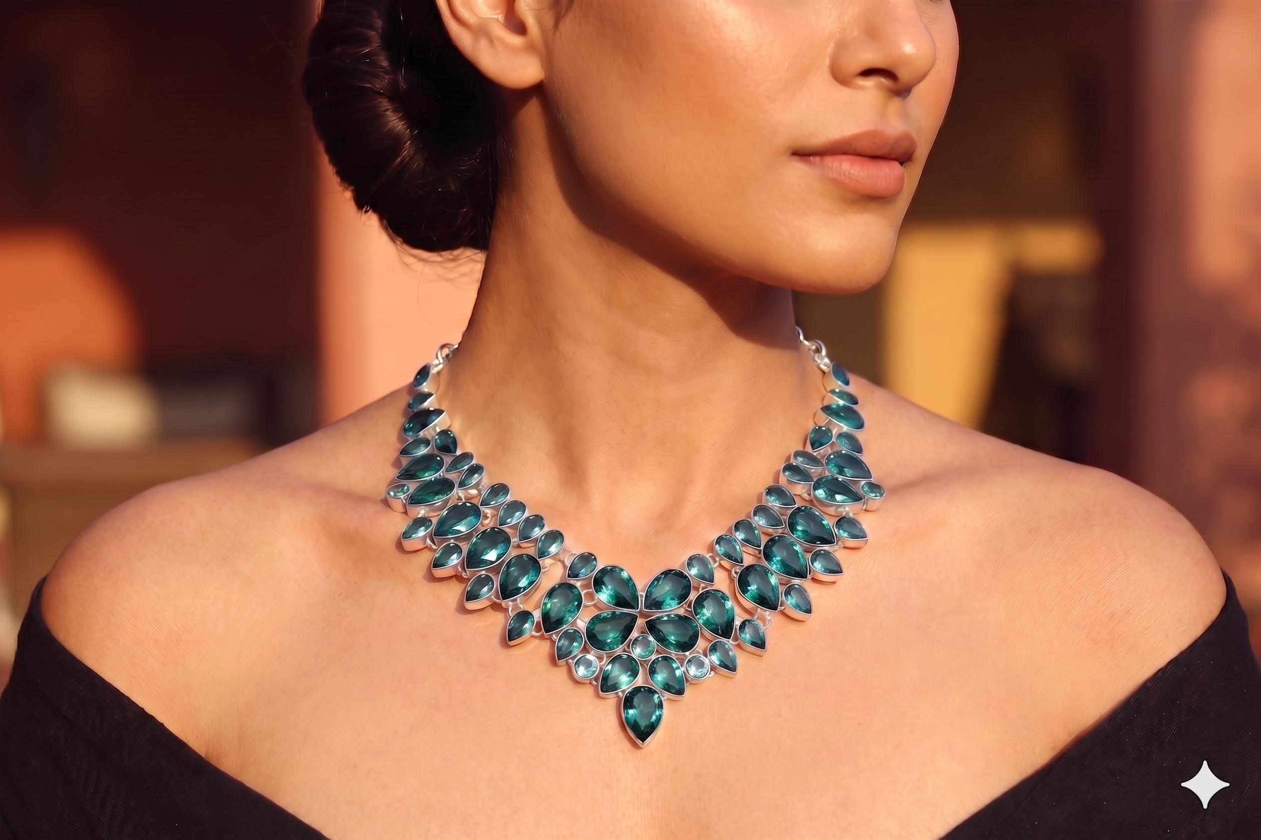 925 Sterling Silver London Blue Topaz Bib Necklace Artisan Deep Blue Gemstone Statement Jewelry