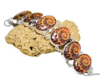 Pulseira de Prata de Lei 925 com Granate Fóssil de Amonita: Presente de Casamento Feminino com Gema de Amonita