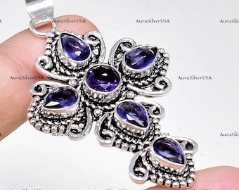 Amethyst Edelstein Handmade Kreuz Anhänger 925 Sterling Silber Schmuck Anhänger