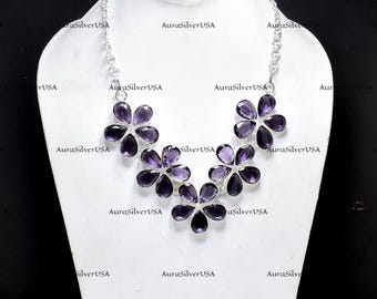 African Amethyst Necklace | Sterling Silver Flower Cluster, Handmade