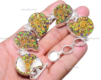 Pulseira de Amonita Feita à Mão em Prata de Lei 925 Ajustável