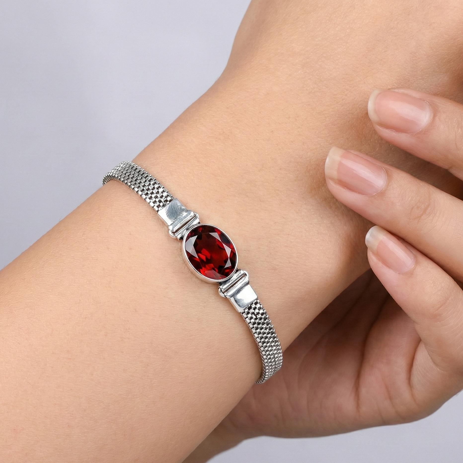 Red Garnet Bracelet 925 Sterling Silver Oval Gemstone Mesh Chain Bracelet Handmade Gift For Her