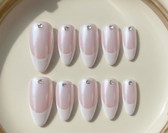 Handmade Pink Press On Nails | Pink Pearl, French Tip, Bridal Wedding, Rhinestone Almond Nail Art | Cute Gift For Her