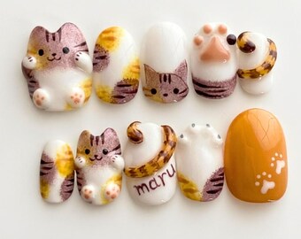 Kawaii Katzen-Kunstnägel zum Aufkleben | 3D-Katzen-Nageldesign | Nägel für Katzenliebhaber | Katzenmama | Tiermama | Geschenk für sie | Niedliche Katzennägel | Geschenk für Haustiere