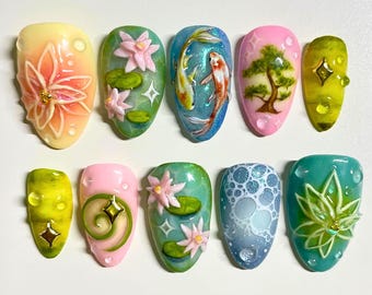 Hand Painted Lotus Press On Nails | Koi Pond, Bonsai Bubble Nail Art | Almond Nails | Nails for Zen Garden Style | Design Nails Art