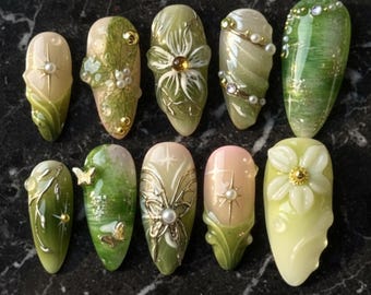Handmade Green Floral Press On Nails | 3D Floral Art, Pearl & Gold Accents, Soft Jade Tones | Almond Nails For Elegant Nature Vibe