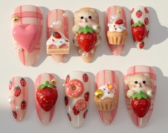 Handmade Kawaii 3D Press On Nails | Strawberry Cat Nails | Pink Dessert Press Ons | Pink Cute Pet Set | Almond Nail Set | Gift for her