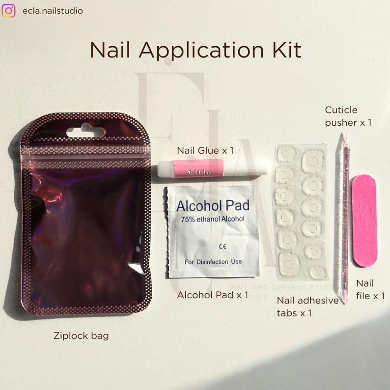 May include: A nail application kit containing a metallic purple ziplock bag, a tube of nail glue, an alcohol pad labeled 75% ethanol alcohol, a sheet of nail adhesive tabs, a clear cuticle pusher, and a small pink nail file with text labels.