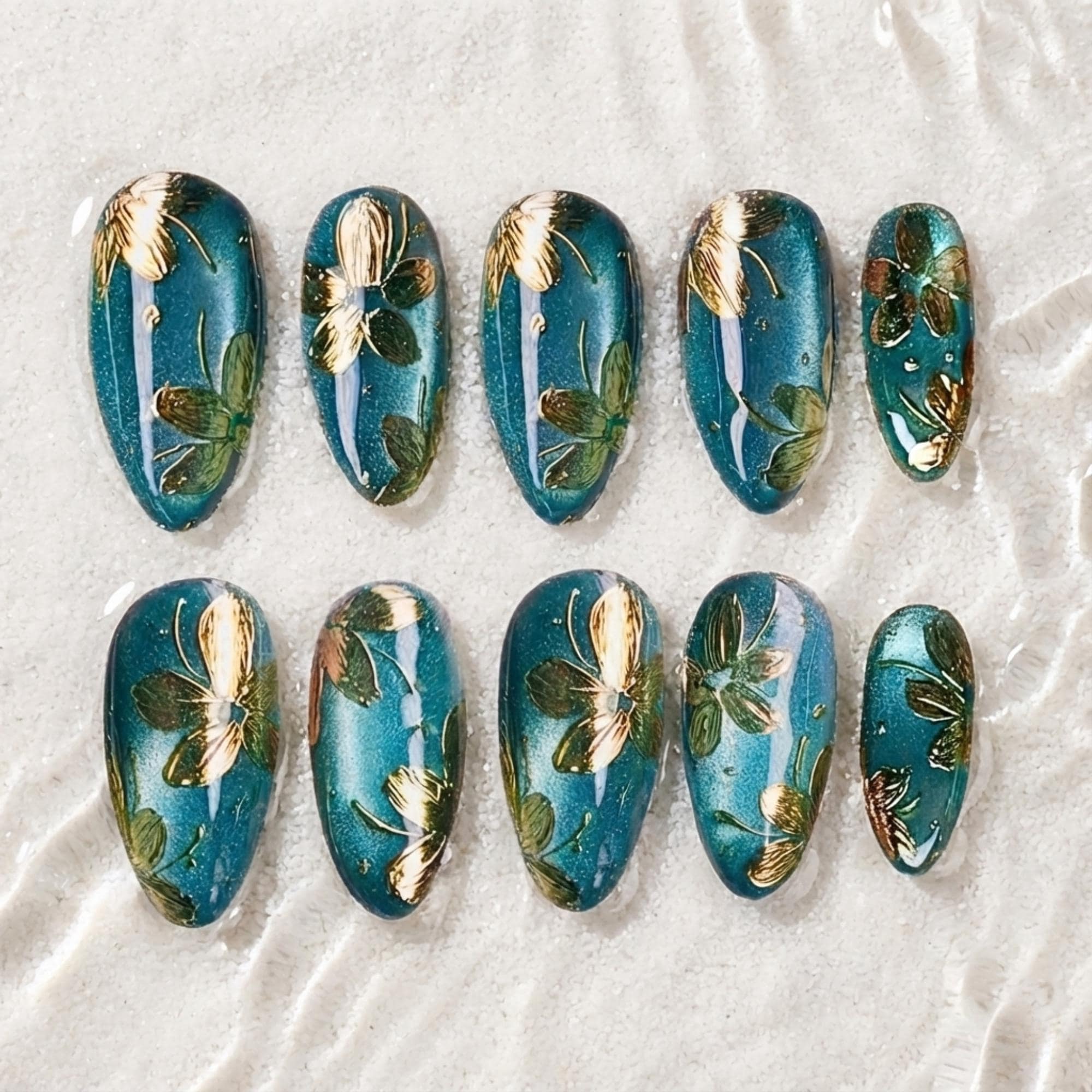 Handmade Cat Eye Teal Floral Press On Nails Emerald Green Metallic Flower Nail Art with Gold Foil Almond Nails Shape Gift For Her