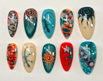 Uñas postizas coloridas estilo Y2K hechas a mano / Diseño abstracto floral con remolinos y sol / Uñas para un estilo retro / Uñas de verano / Uñas de vacaciones