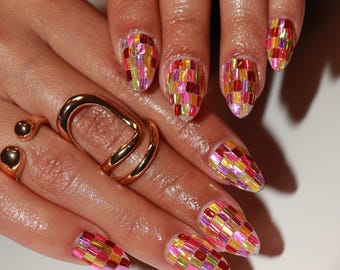 Luxury Glitter Mosaic Press On Nails | Retro Sequin Vintage NailsArt | Nails for Disco Party | Prom Nails | Coachella Nails | Gift for Her
