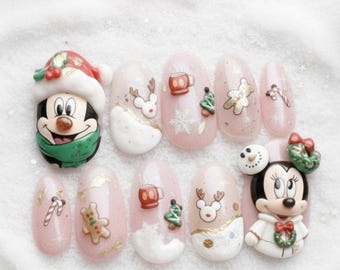 Christmas Mickey Minnie Press On Nails | 3D Disney Winter Snow Flake Reindeer, Gingerbread, Design Nail  | Cute Gift | Xmas Gift for Her