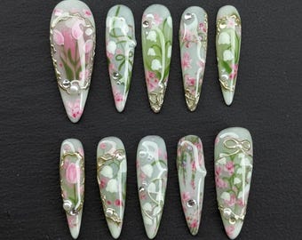 Handmade Green Floral Press On Nails | Soft Botanical Flowers, Gold Frame Accents | Almond Nails For Romantic Garden Vibe