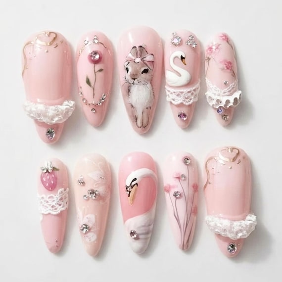 Balletcore Pink Swan Bunny Nails | 3D Press On Nails | Lace Romantic Nail Art | Soft Pink Almond Nails | Cute Animal Nail Set | Gift For Her