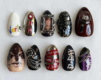 Uñas postizas hechas a mano con diseños de fan art / Uñas con diseños de ídolos, retratos y logotipos de K-pop / Uñas almendradas para reuniones de fans y celebraciones de conciertos de K-pop