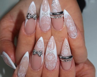 Handmade 3D Lace Press On Nails | White French Tips Nails | Luxury Bridal Press Ons | Long Stiletto Nails | Wedding Glam | Gift for Bridal