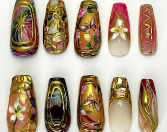 Handmade Gold Press On Nails | Gold Mosaic, Artisan Flower & Gemstone Nails | Med Coffin Nails For Elegant Gala and Evening Event