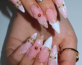 Handmade Luxury Bridal Press On Nails | White Lace Art Nails | Long Stiletto Nails | Coquette Brides | Gift for Wedding | Gift for Bridal
