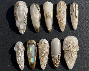 Handmade Pearl Gold 3D Press On Nails | Bridal Wedding White Nails | Long Floral Nail Set | Elegant Almond Nail Shape | Gift For Her