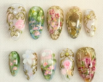 Handmade Vintage Floral Press On Nails | Hand-Painted Garden Flowers, Gold Frame Accents | Almond Nails For Romantic Elegance