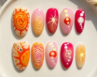 Handmade Golden Sun Press on Nails | Summer Swirls Y2K Nail | Retro Style | Hawaii Vacation Art Nail | Nails for Ocean | Hand-painted Nail