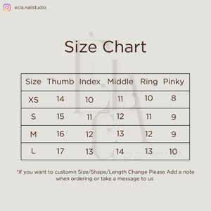 May include: A size chart for nails with the text ecla.nailstudio at the top. The table lists sizes XS, S, M, and L with corresponding measurements for the thumb, index, middle, ring, and pinky fingers. Text at the bottom reads: If you want to custom Size/Shape/Length Change Please Add a note when ordering or take a message to us.