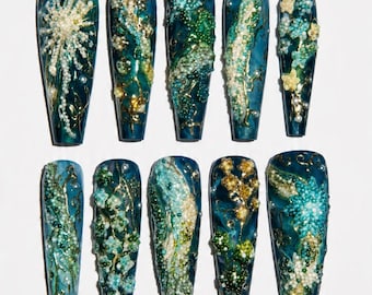 Teal Gold Abstract Press On Nails | 3D Pearl Marble Flow Nails | Sculptural Nail Art | Coffin Nails | Avant Garde Press Ons | Gift for her