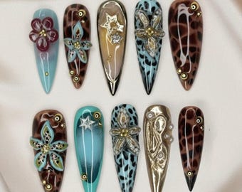 Aqua Leopard Floral Nails | 3D Press On Nails | Teal Brown Animal Print Nail Set | Gold Butterfly Nails | Stiletto Nails | Gift For Her
