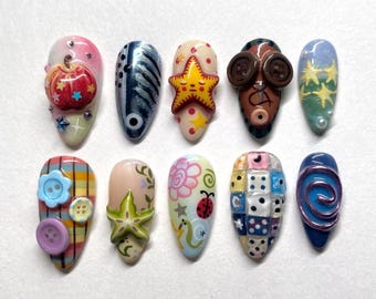 Y2K Gothic Vintage Press On Nails | Mosac Nail Art | 3D Nail Art | Almond Acrylic Nails | Handmade Nail Set | Gift For Her