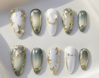 Handmade Botanical Press On Nails | 3D Gold Leaf Accents, Pearl Details & Soft Sage Green Tones | Almond Nails For Elegant Nature Vibe