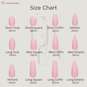 May include: A size chart for press-on nails featuring twelve light pink nail shapes arranged in a grid. Each shape is labeled with its style name and length in millimeters, including Short Oval 16mm, Short Square 18mm, Short Coffin 22mm, and Stiletto 25mm.