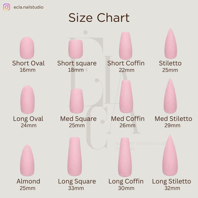 May include: A size chart for press-on nails featuring twelve light pink nail shapes arranged in a grid. Each shape is labeled with its style name and length in millimeters, including Short Oval 16mm, Short Square 18mm, Short Coffin 22mm, and Stiletto 25mm.