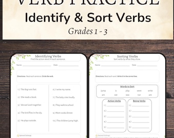 Werkbladen voor werkwoordoefeningen | Werkwoorden identificeren en sorteren | Grammatica cijfer 1-3