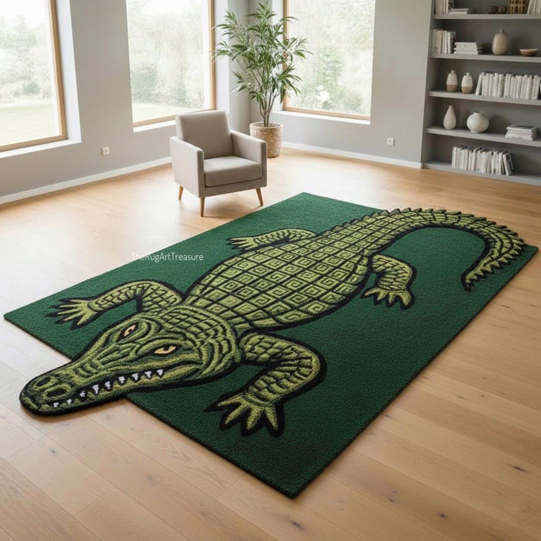 Hand-tufted Crocodile Rug – 3D Animal Shape Area Carpet, Green Texture ...