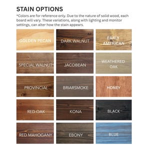 May include: A grid of fifteen wood stain samples labeled Golden Pecan, Dark Walnut, Early American, Special Walnut, Jacobean, Weathered Oak, Provincial, Briarsmoke, Honey, Red Oak, Kona, Black, Red Mahogany, Ebony, and Blue with text above.