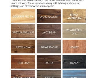 May include: A grid of fifteen wood stain samples labeled Golden Pecan, Dark Walnut, Early American, Special Walnut, Jacobean, Weathered Oak, Provincial, Briarsmoke, Honey, Red Oak, Kona, Black, Red Mahogany, Ebony, and Blue with text above.