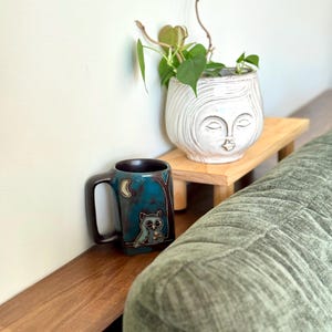 May include: A teal ceramic mug with a black handle and a detailed owl design. The mug is placed on a wooden shelf next to a white face-shaped planter holding a green plant. The mug features a crescent moon and tree design.