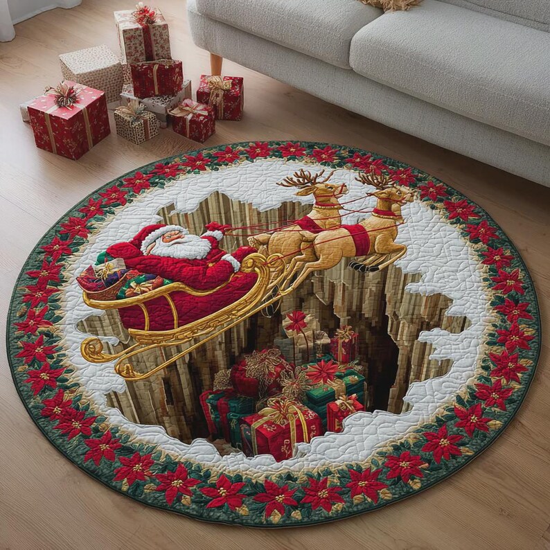 Christmas 3D Santa Rug – Sleigh & Reindeer Illusion Round Carpet ...