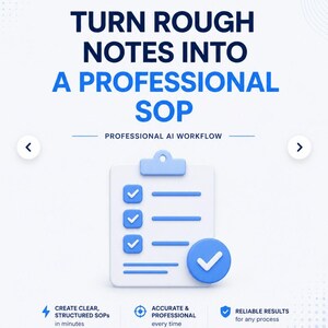 May include: A digital graphic featuring the text "PROFESSIONAL AI WORKFLOW" and "TURN ROUGH NOTES INTO A PROFESSIONAL SOP". Below, a 3D-style white clipboard with blue checkmarks and a blue circular check icon. Bottom text includes "CREATE CLEAR, STRUCTURED SOPs in minutes", "ACCURATE & PROFESSIONAL every time", and "RELIABLE RESULTS for any process".