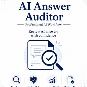 May include: A white informational graphic titled AI Answer Auditor Professional AI Workflow. It features a document icon with a speech bubble and a magnifying glass with a checkmark, followed by four icons labeled Find Issues, Reduce Risk, Improve Quality, and Ready to Use.