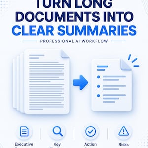 Op de afbeelding: Een grafische illustratie met de tekst TURN LONG DOCUMENTS INTO CLEAR SUMMARIES PROFESSIONAL AI WORKFLOW. Het toont een stapel documenten die via een blauwe pijl verandert in één samengevatte pagina, met iconen voor Executive Summary, Key Findings, Action Items en Risks.