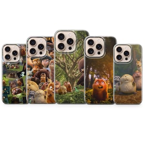 May include: Five phone cases with various cartoon character designs. The cases feature images of forest animals in a variety of settings. The cases are clear with a glossy finish and have a camera cutout.