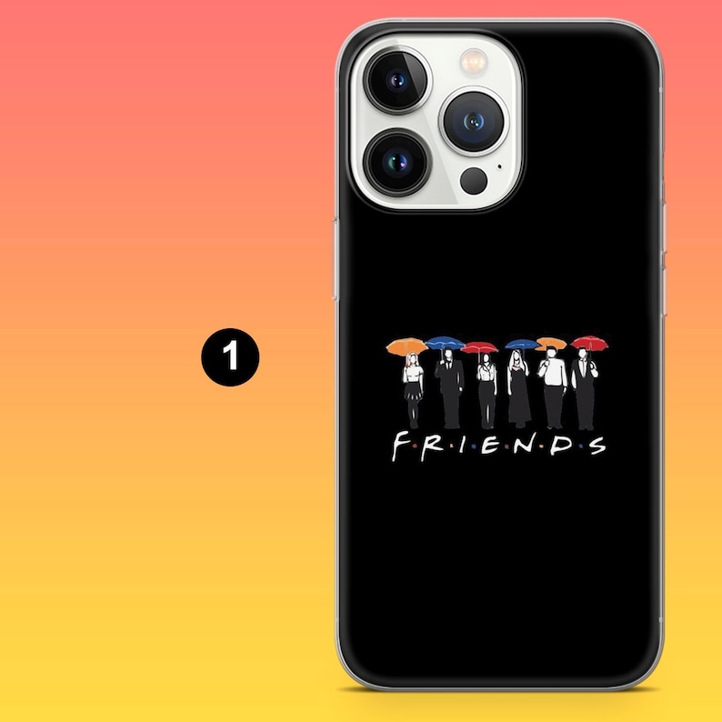 May include: Black phone case featuring a graphic of six figures holding umbrellas, with the word "FRIENDS" in white. The case is for a smartphone with multiple camera lenses.