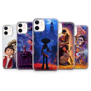 May include: A collection of phone cases featuring colorful illustrations from the animated movie "Coco." The designs include characters, scenes, and vibrant backgrounds, showcasing the film's themes of family and music.