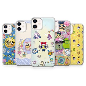 May include: Five phone cases with colorful cartoon character designs. The cases feature various characters in different colors, including blue, yellow, pink, and green. The designs include a variety of shapes and patterns, such as stars, hearts, and clouds.