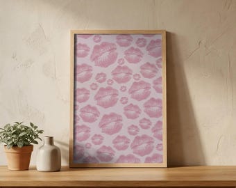 Kiss Lips Poster Wall Art – Romantic Wall Art, Red Lips Print, Love Aesthetic Decor, Glamour Poster, Valentine Gift
