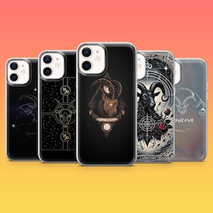 May include: Five phone cases showcasing Capricorn zodiac designs. The cases feature artistic depictions of the Capricorn symbol, including a goat, constellations, and geometric patterns. The colour scheme includes black, gold, and grey tones.