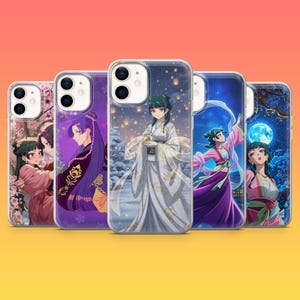 May include: A collection of five phone cases featuring anime-style illustrations. Each case showcases a different design, including images of women in traditional Asian attire, set against various backgrounds like cherry blossoms, starry nights, and snowy landscapes.